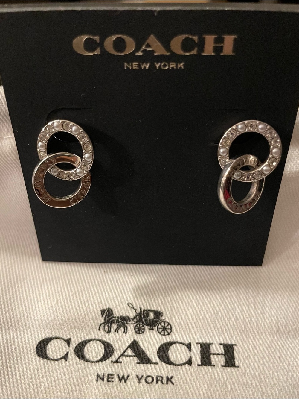 COACH Silver Interlocking Circle Crystal Stud Earrings - Picture 2 of 3